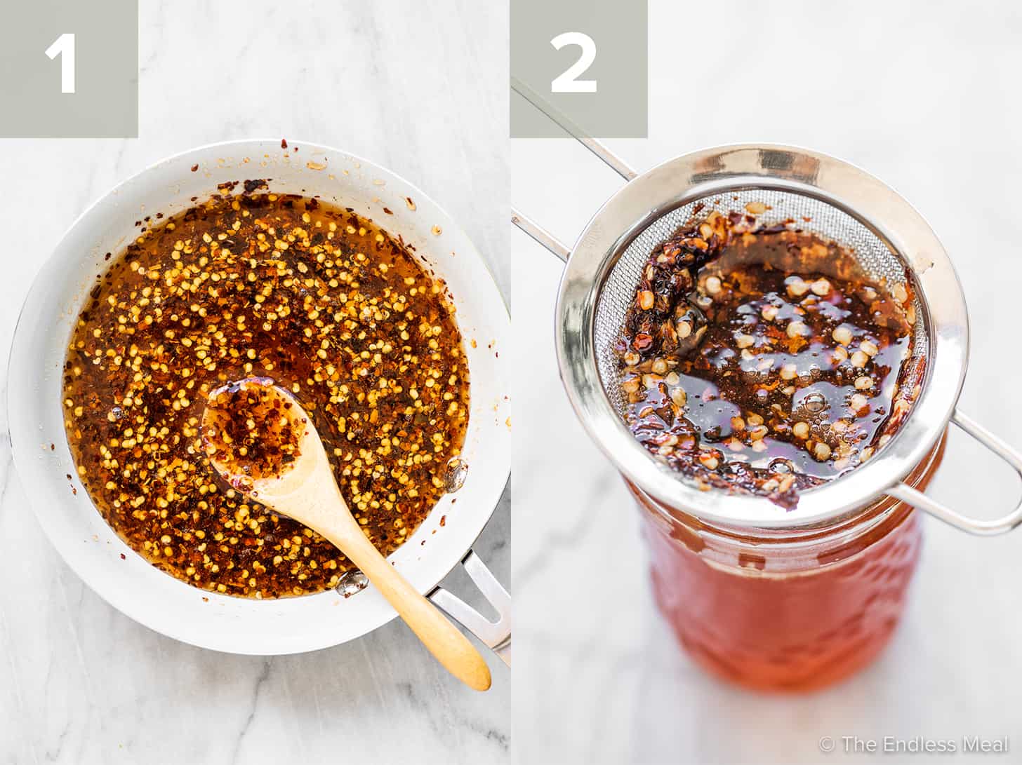 2 pictures showing the steps to make hot honey.