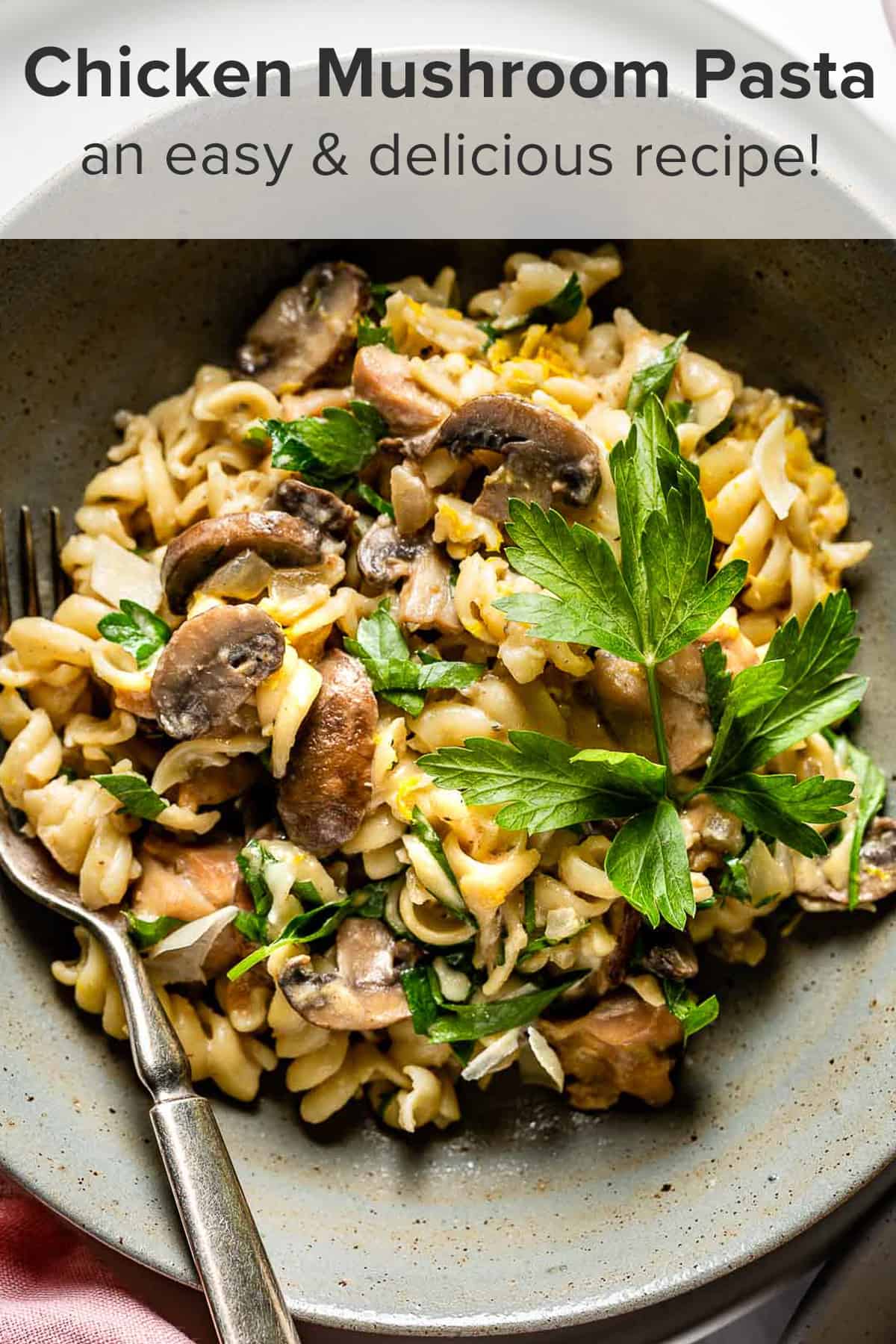 Chicken Mushroom Pasta on a plate with a fork.