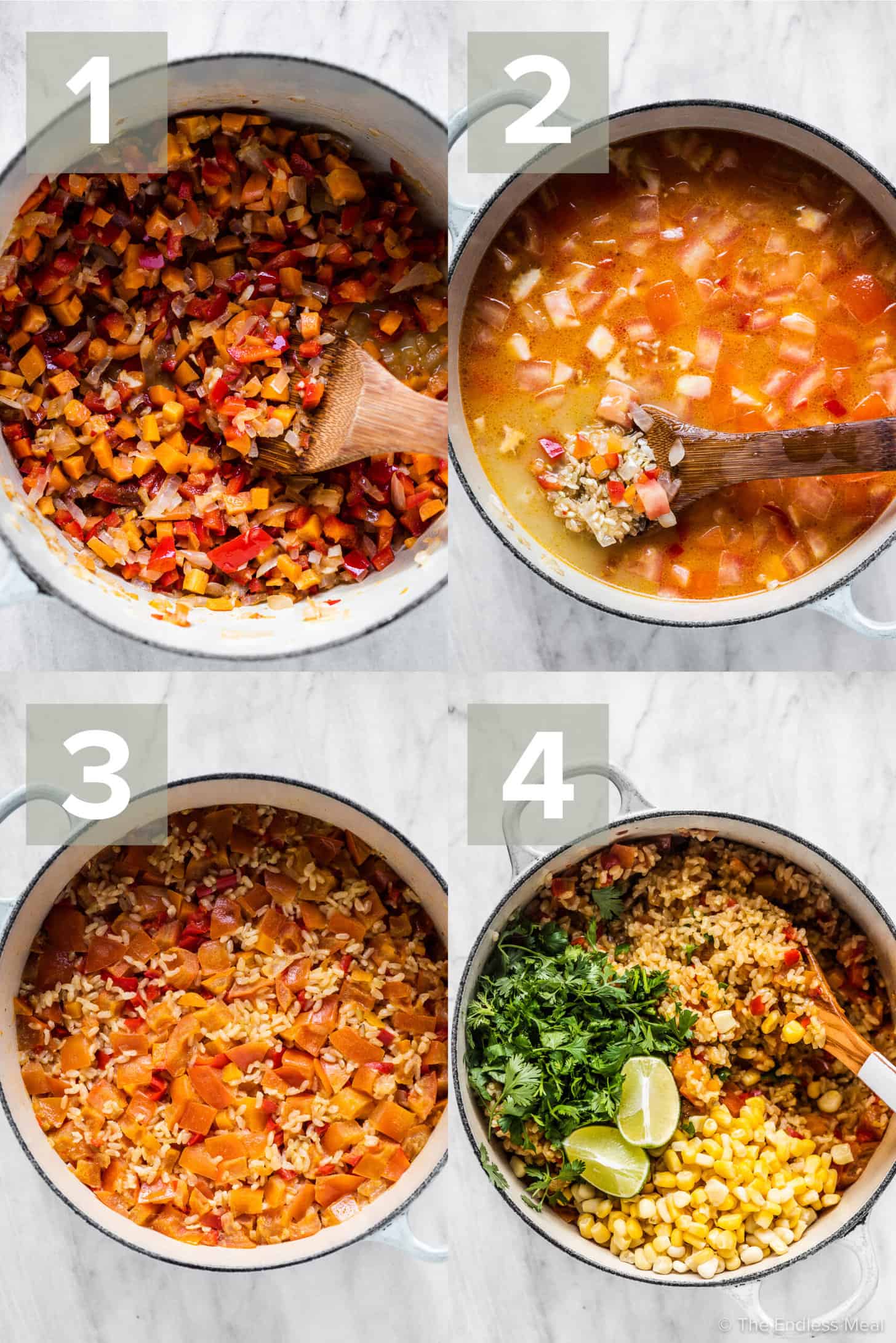 4 pictures showing how to make Spicy Mexican Rice.