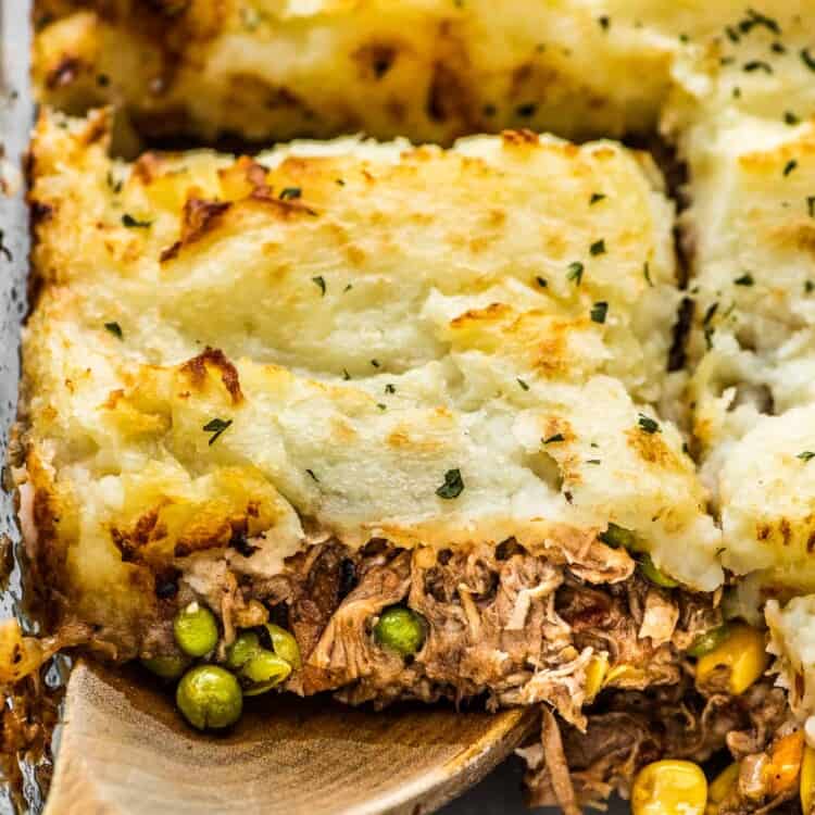 A close up of Pulled Pork Shepherd's Pie in a baking dish.