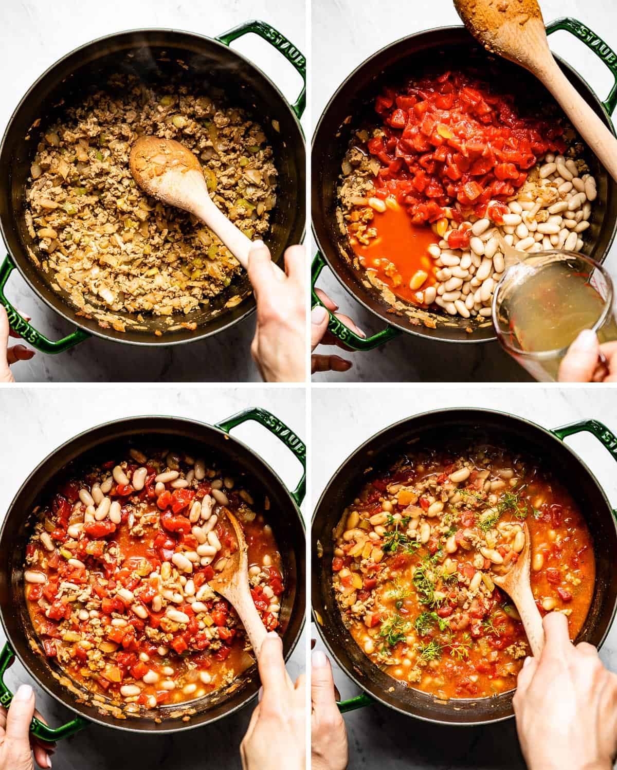 A collage of images showing how to make buffalo chicken chili on stove top.