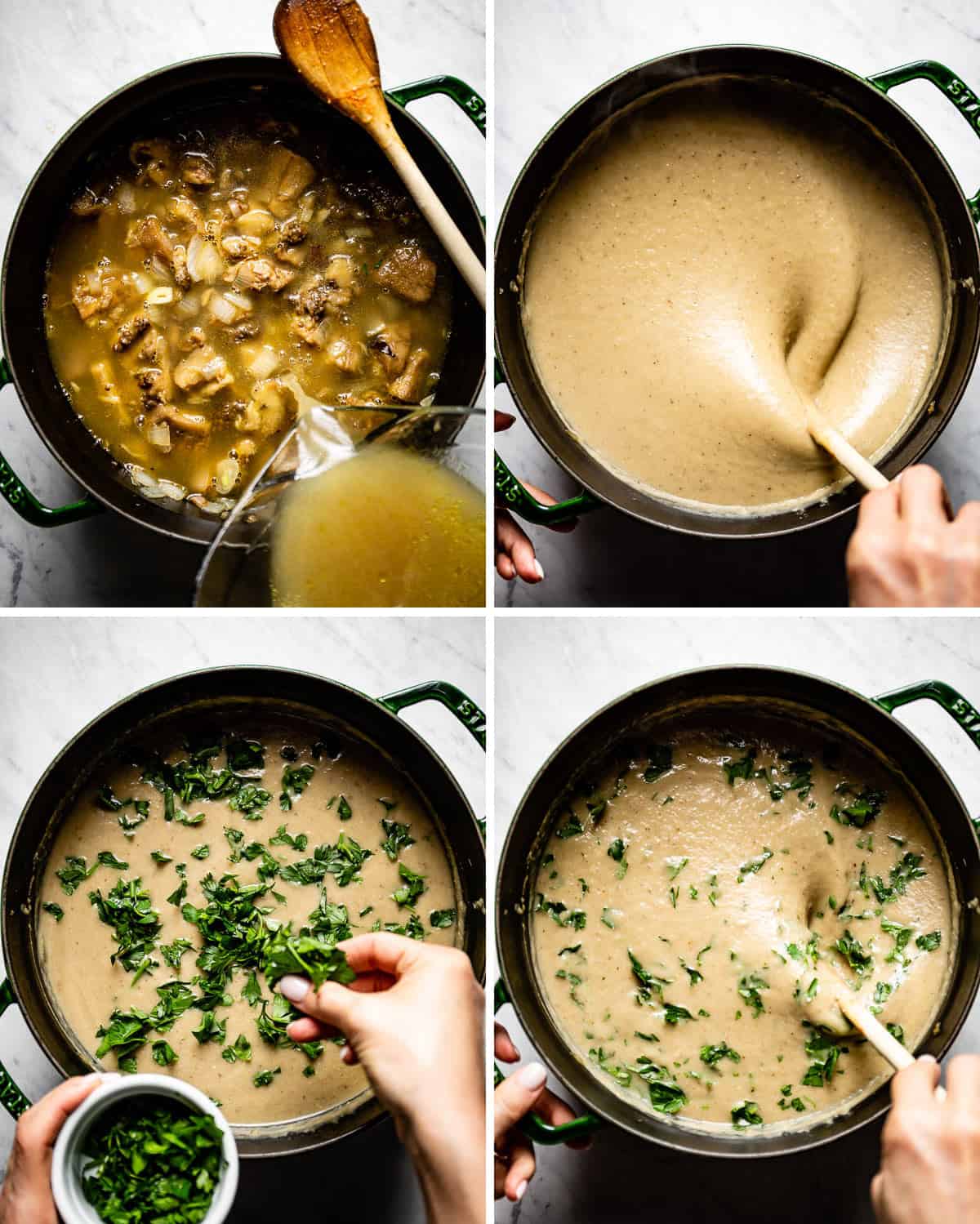 4 pictures showing how to make this eggplant soup recipe.
