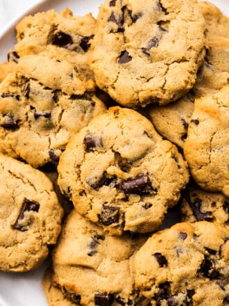 A close up of a plate of miso chocolate chip cookies.