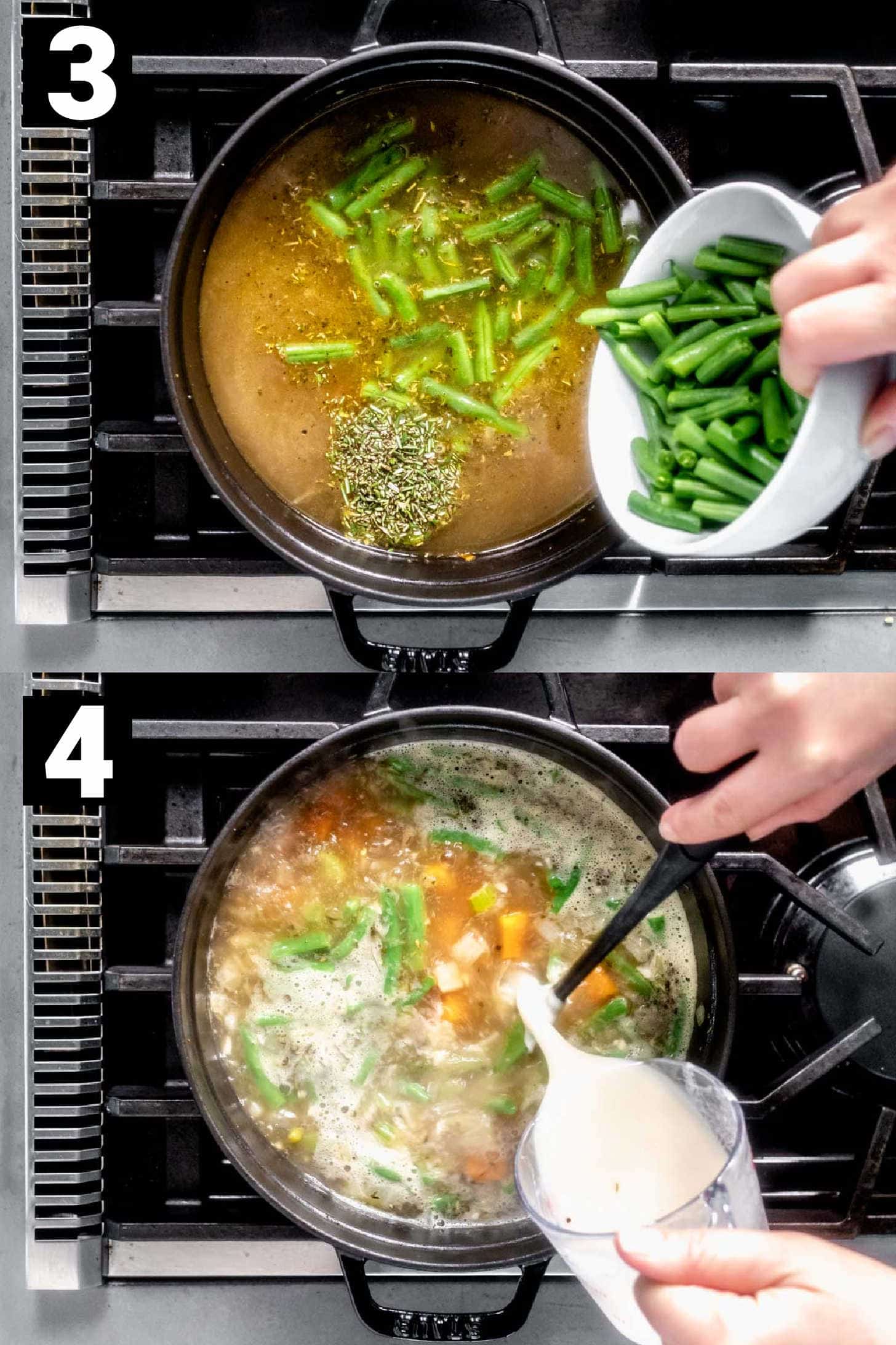 adding the green beans and rosemary