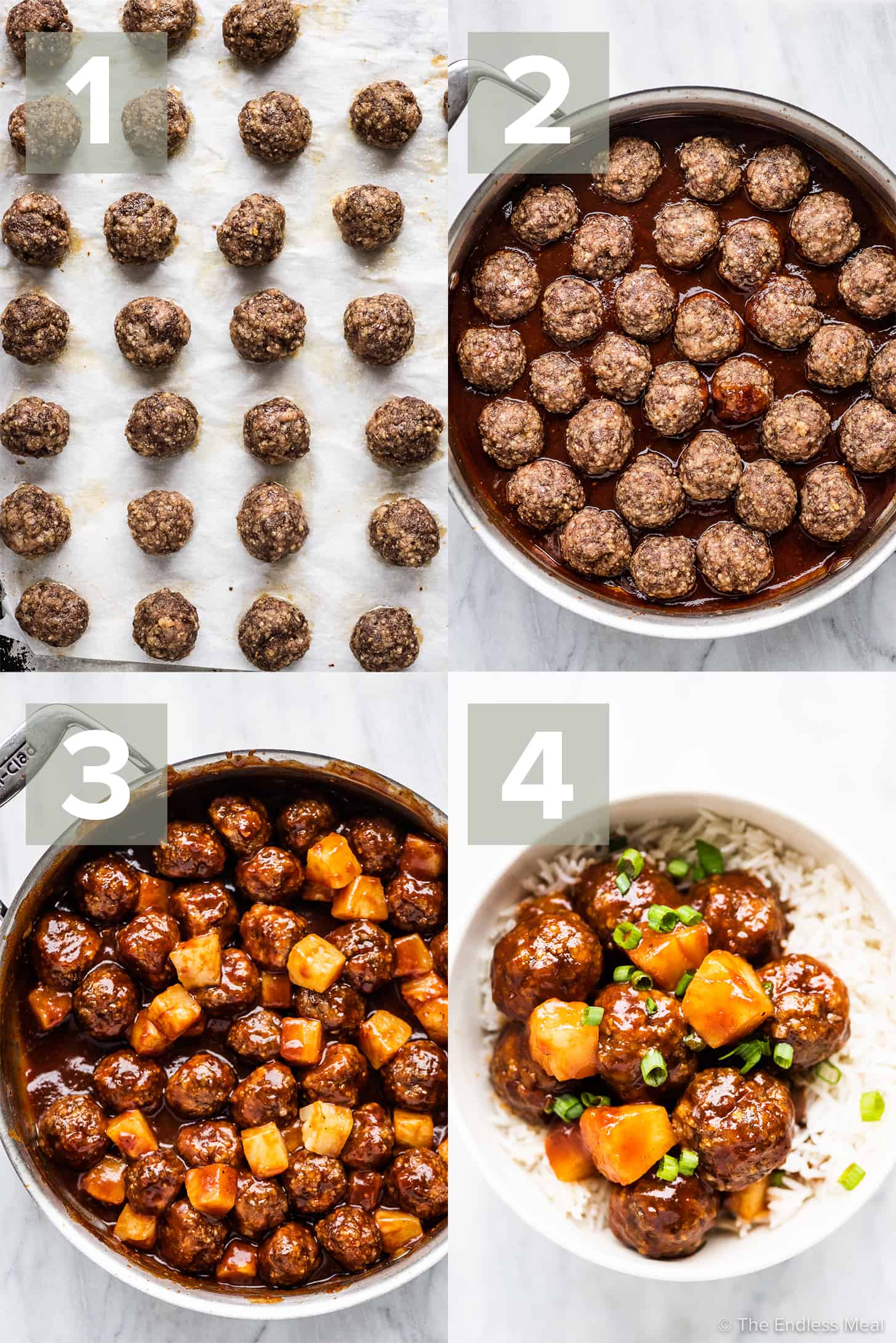 4 pictures showing how to make pineapple meatballs.