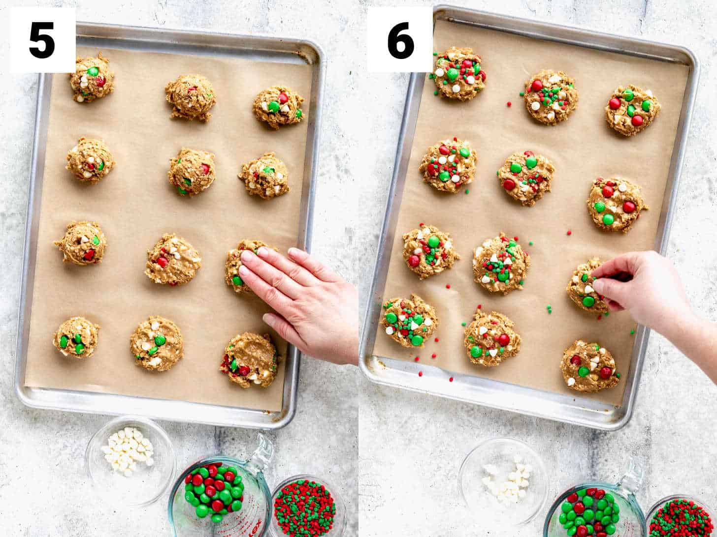pressing the cookies down and decorating before baking