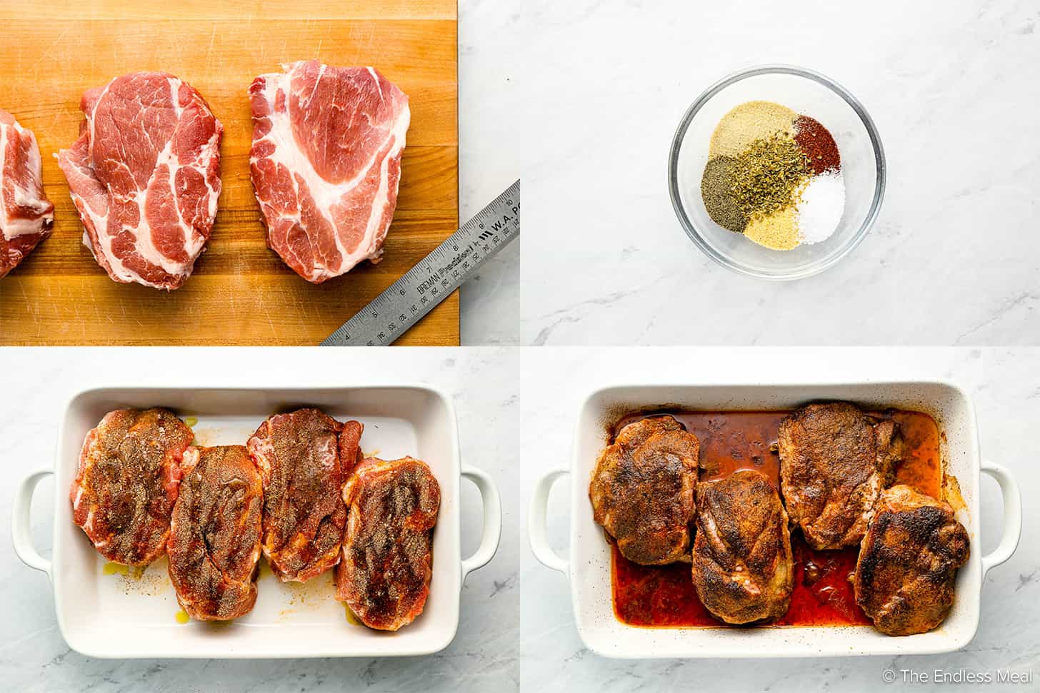 4 pictures showing how to bake pork chops