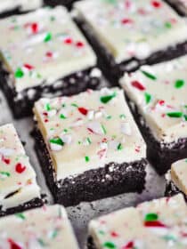 Peppermint bark brownies topped with crushed candy canes.
