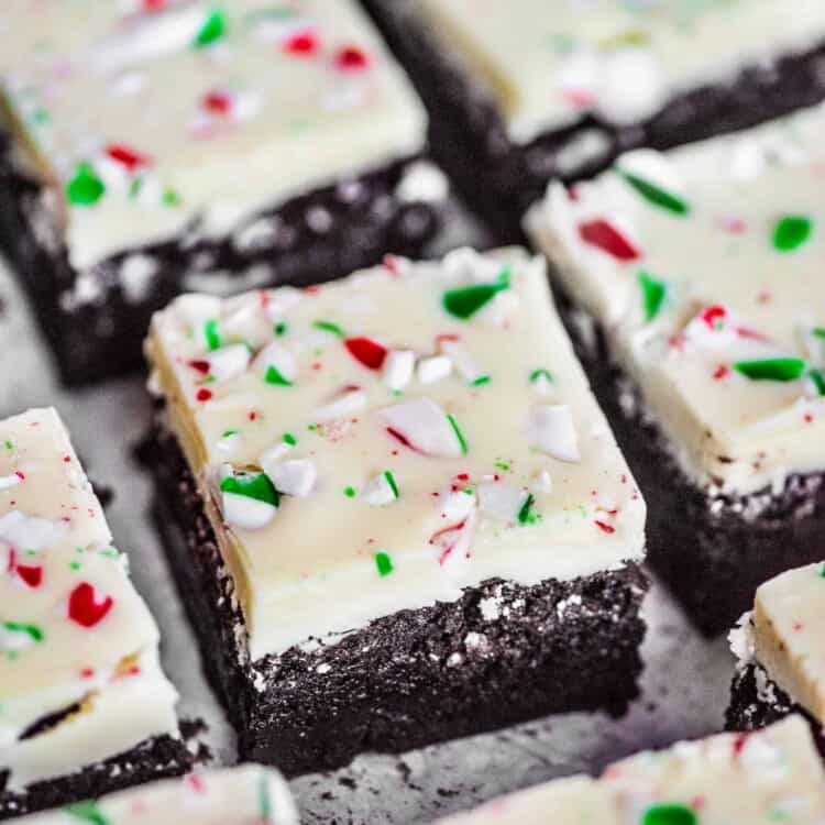 Peppermint bark brownies topped with crushed candy canes.