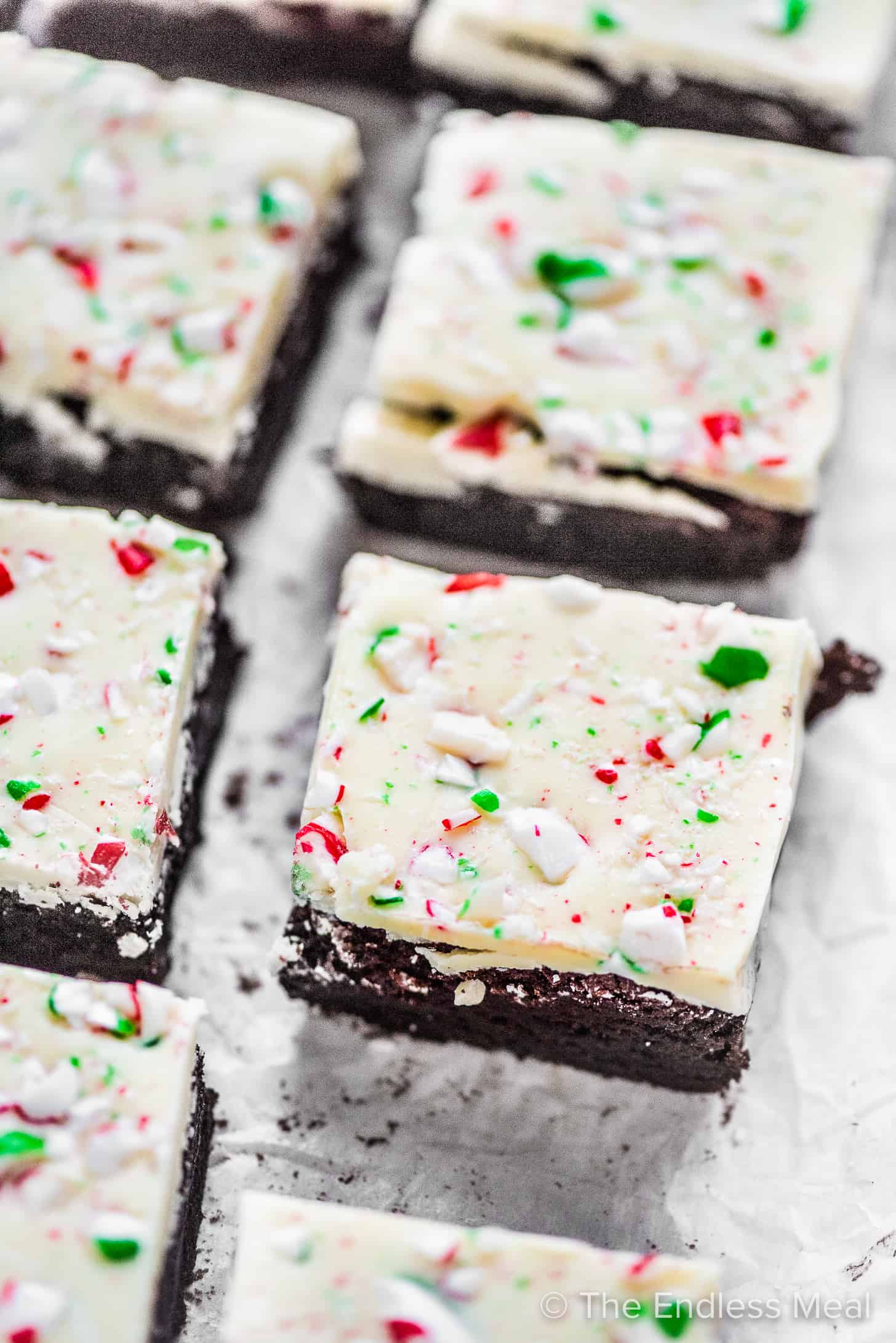 Christmas peppermint bark brownies cut into squares. 