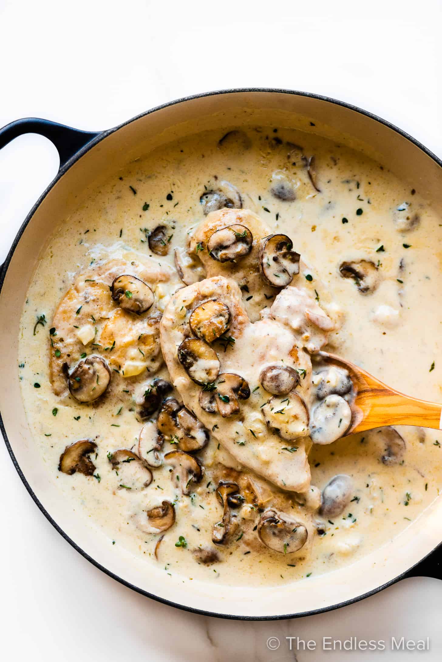 A wooden spoon lifting Champagne Chicken with a creamy mushroom sauce out of a pan,