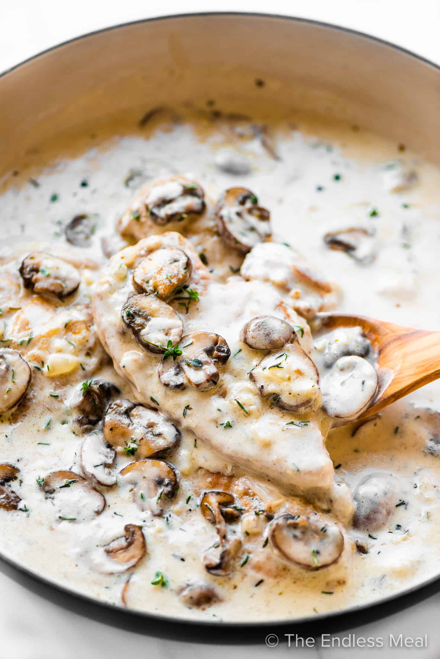A wooden spoon lifting Champagne Chicken with a creamy mushroom sauce out of a pan,