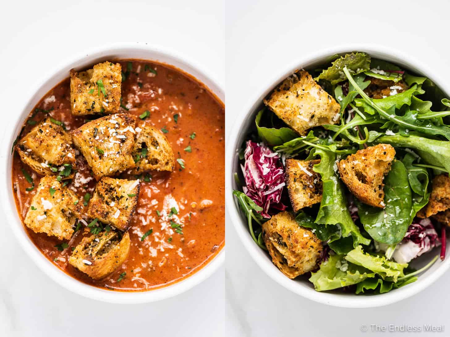 2 pictures showing parmesan croutons on a bowl of soup and in a salad