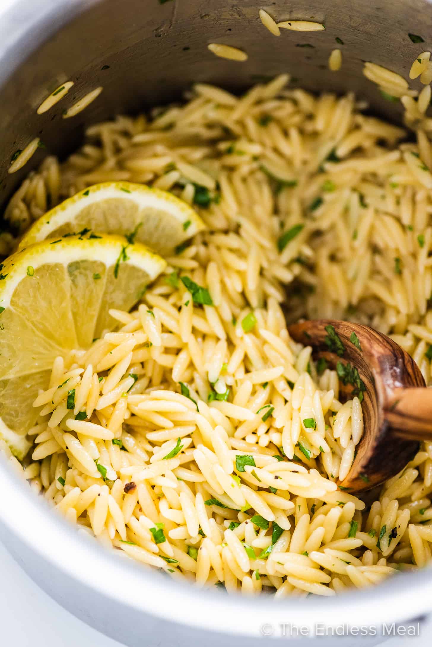A pot of cooked Lemon Butter Orzo.