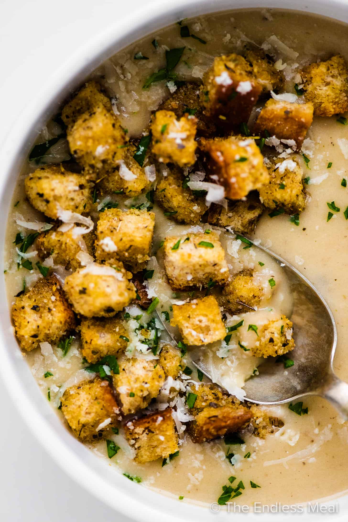 mini croutons in a bowl of soup