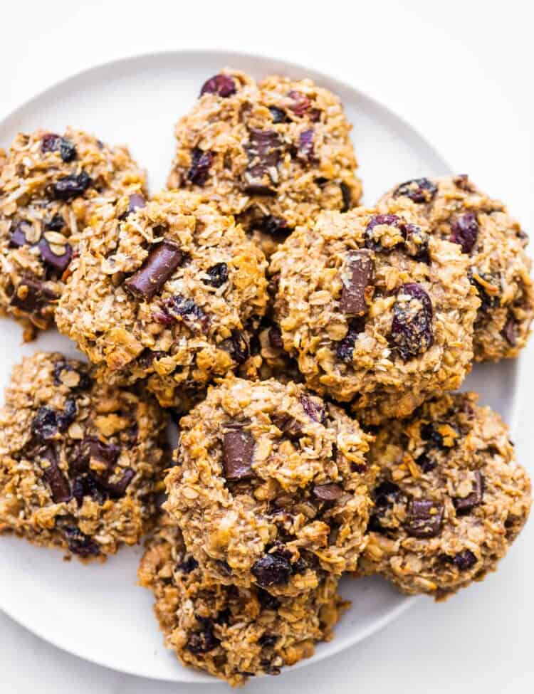 Healthy Breakfast Cookies piled on a white plate.