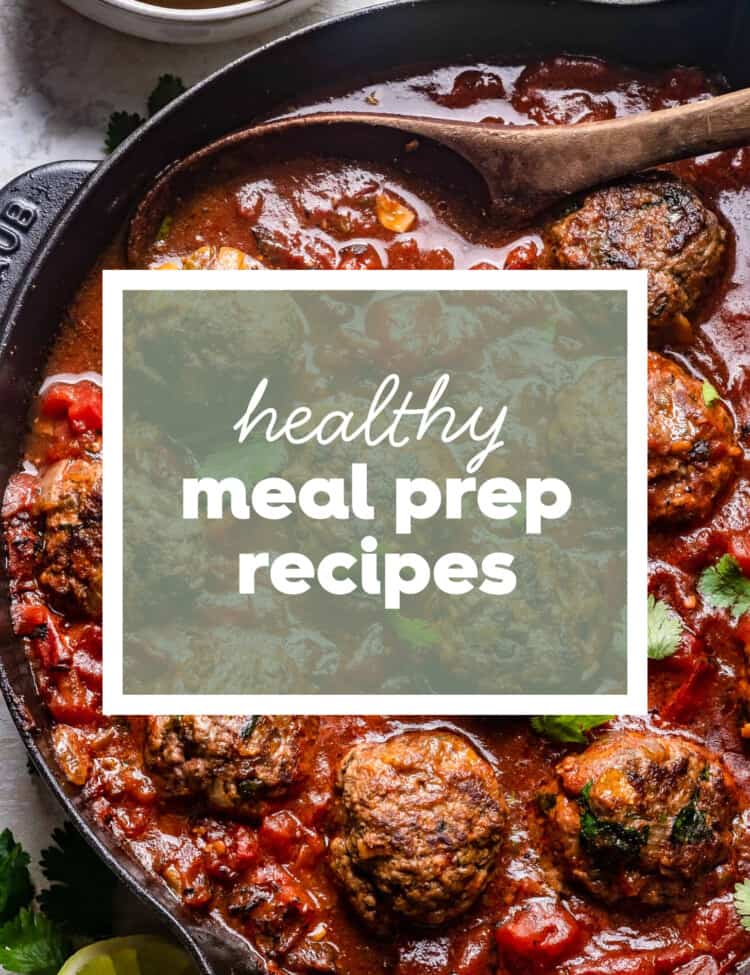meatballs in a pan with the words Healthy Meal Prep Recipes on top.