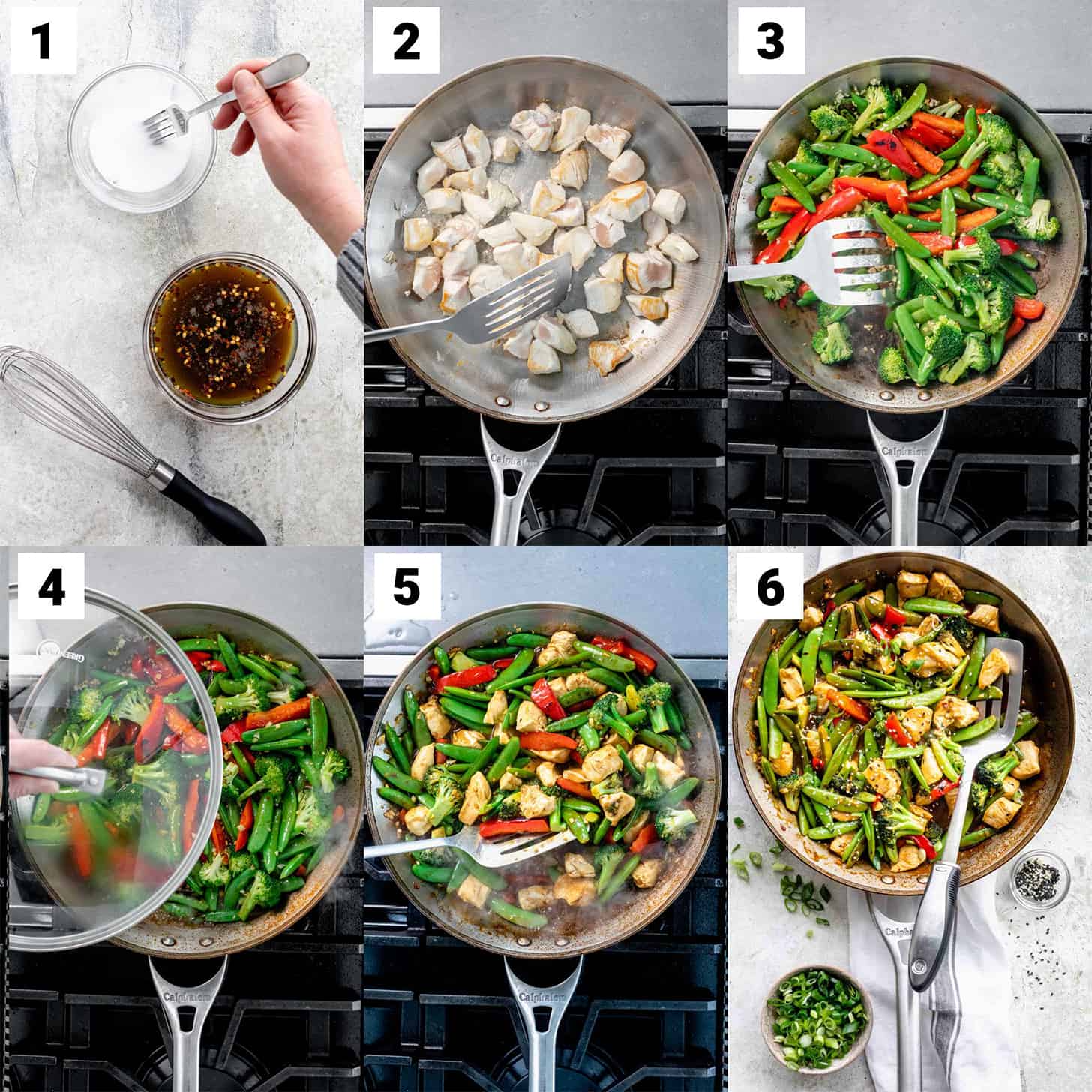 6 pictures showing how to make teriyaki stir fry.