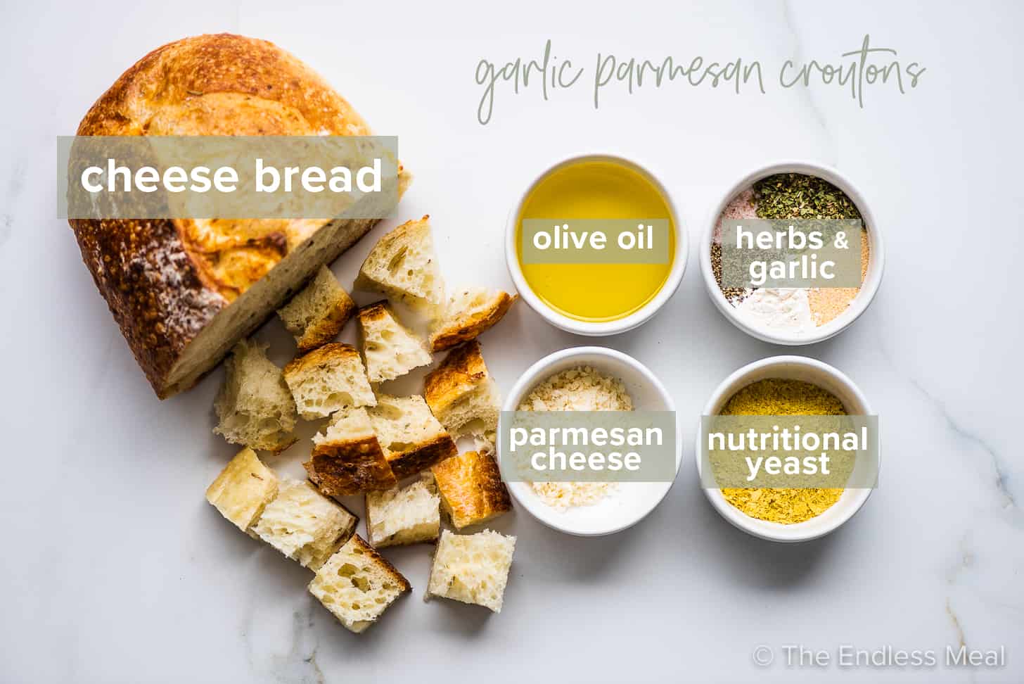 The ingredients to make garlic parmesan croutons