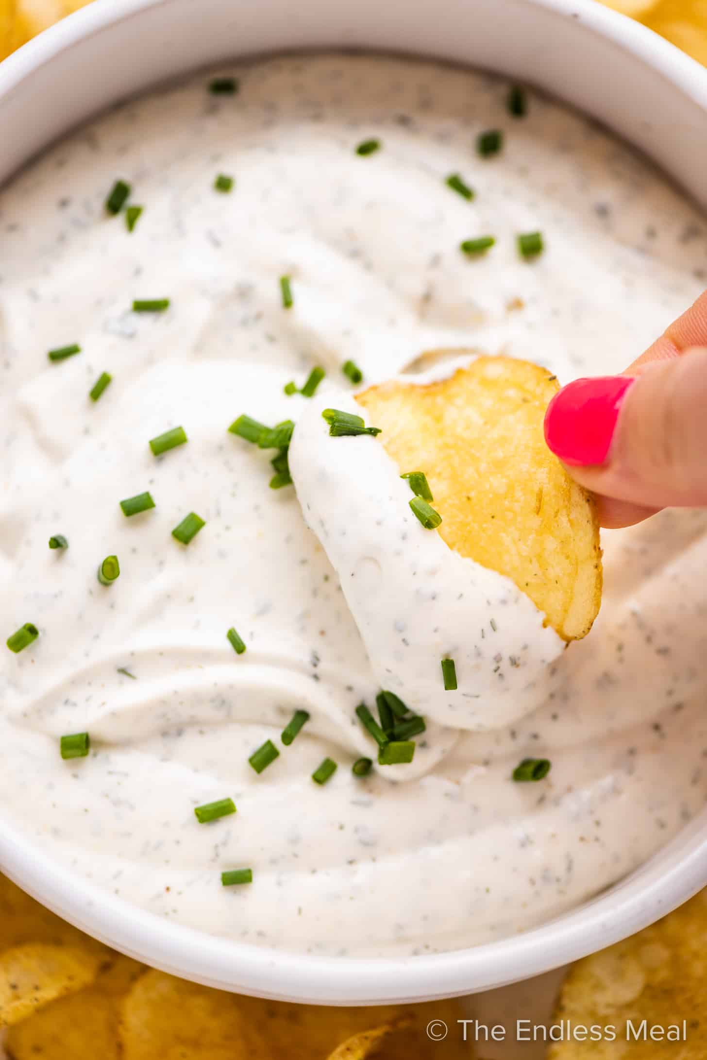 a chip scooping some of the best easy chip dip out of a bowl