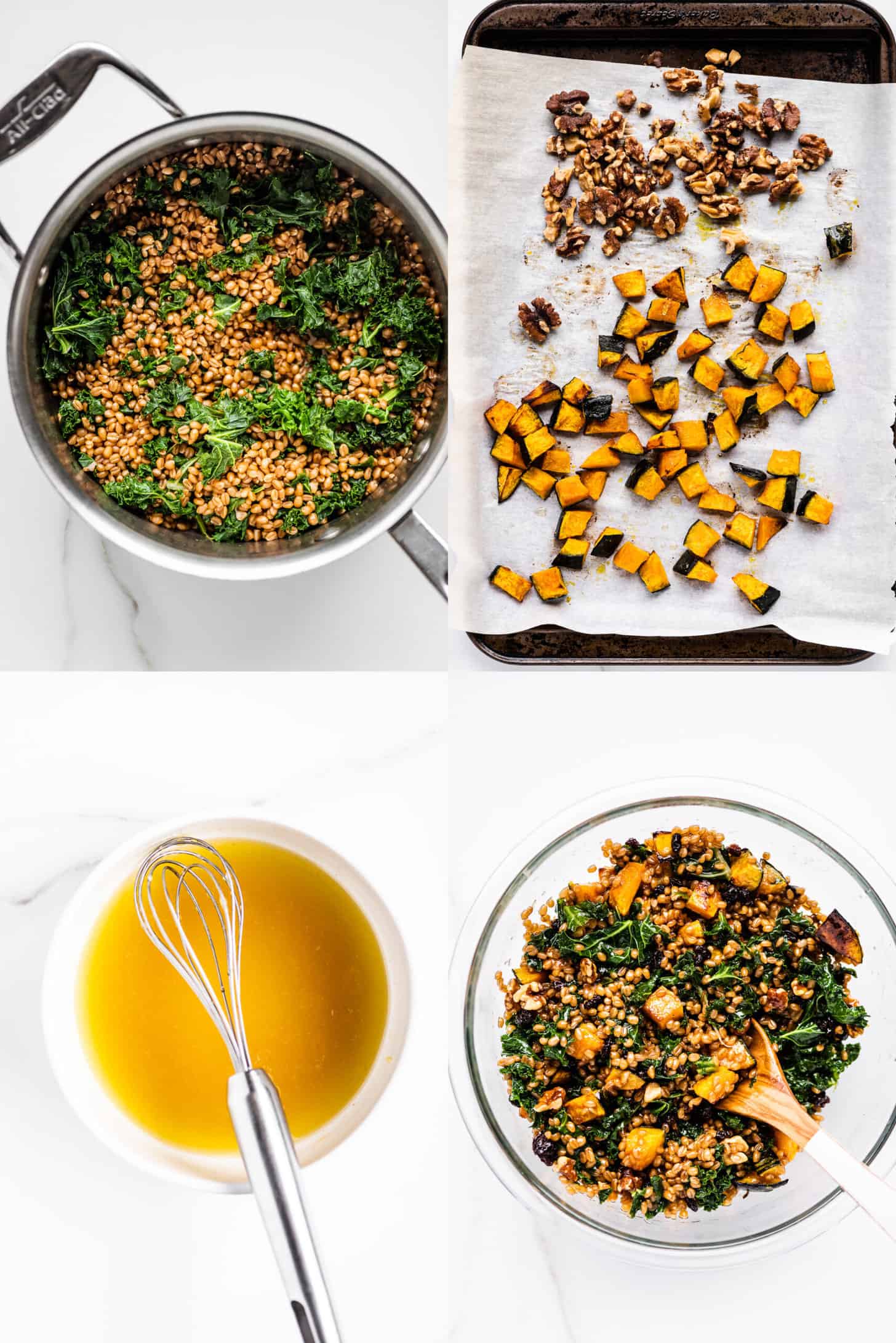 4 pictures showing how to make wheat berry salad. 