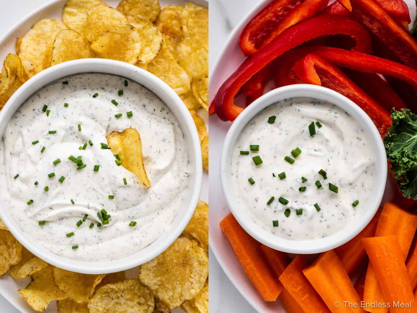 two pictures showing how to serve chip dip - with chips and veggies
