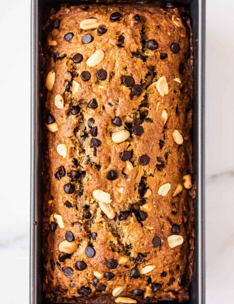 Peanut Butter Banana Bread in a loaf pan