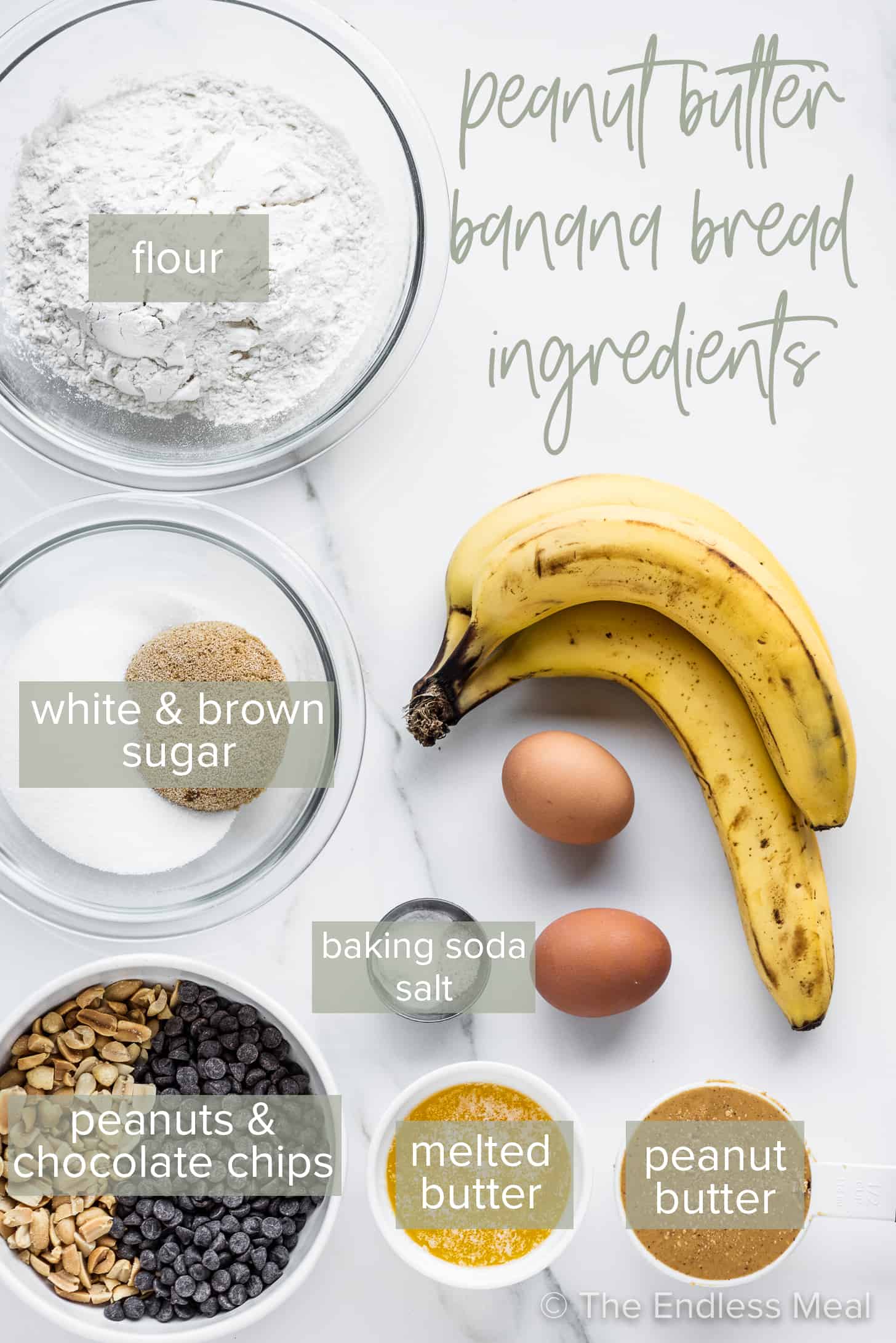 the ingredients needed to make Peanut Butter Banana Bread