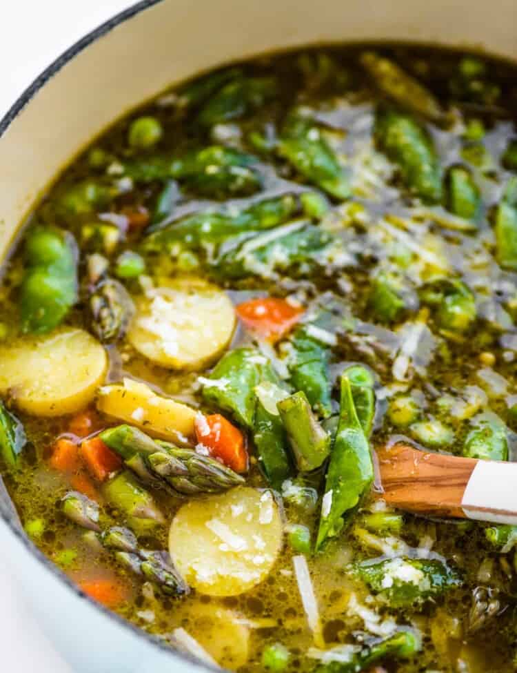 a pot of spring minestrone soup