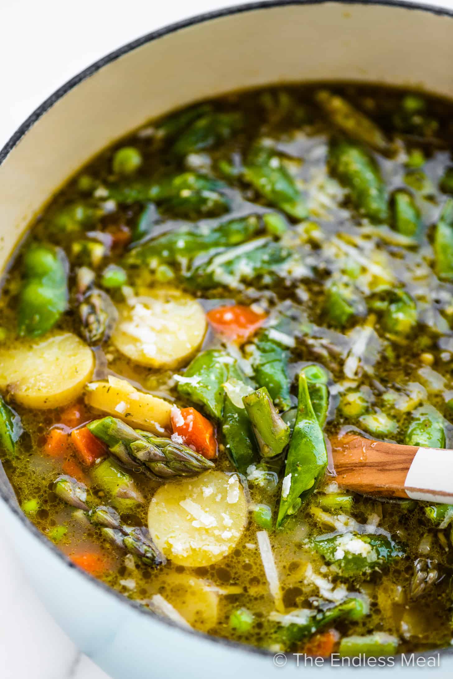 a pot of spring minestrone soup