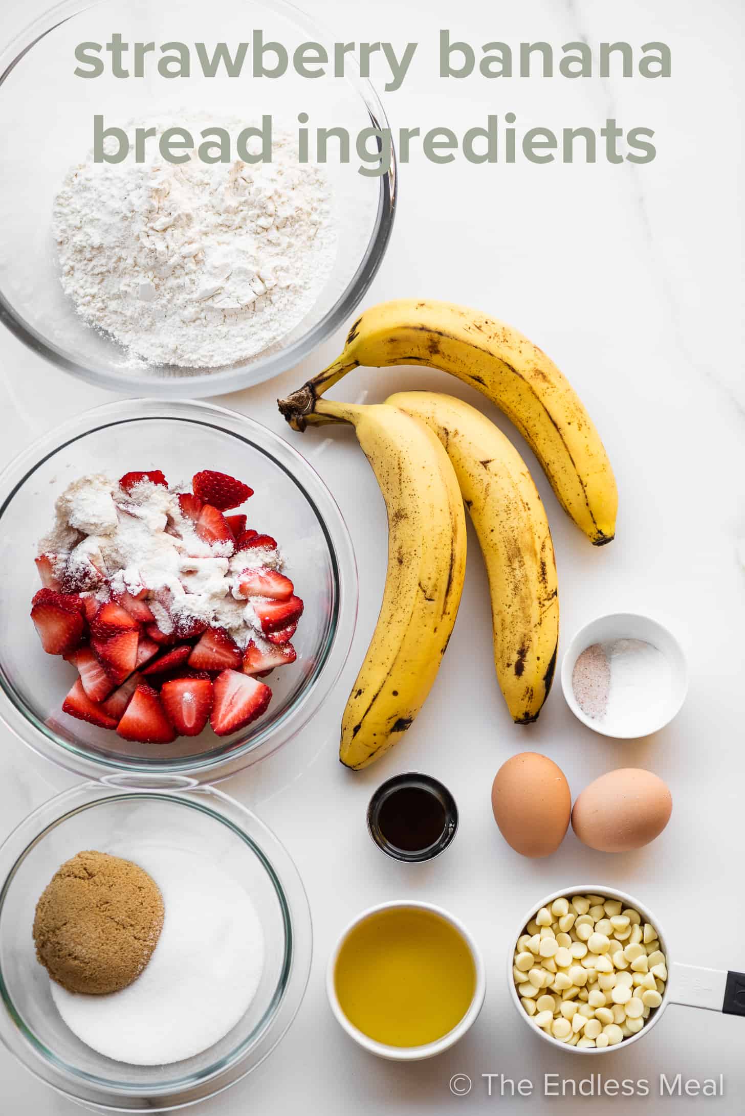 The ingredients to make strawberry banana bread
