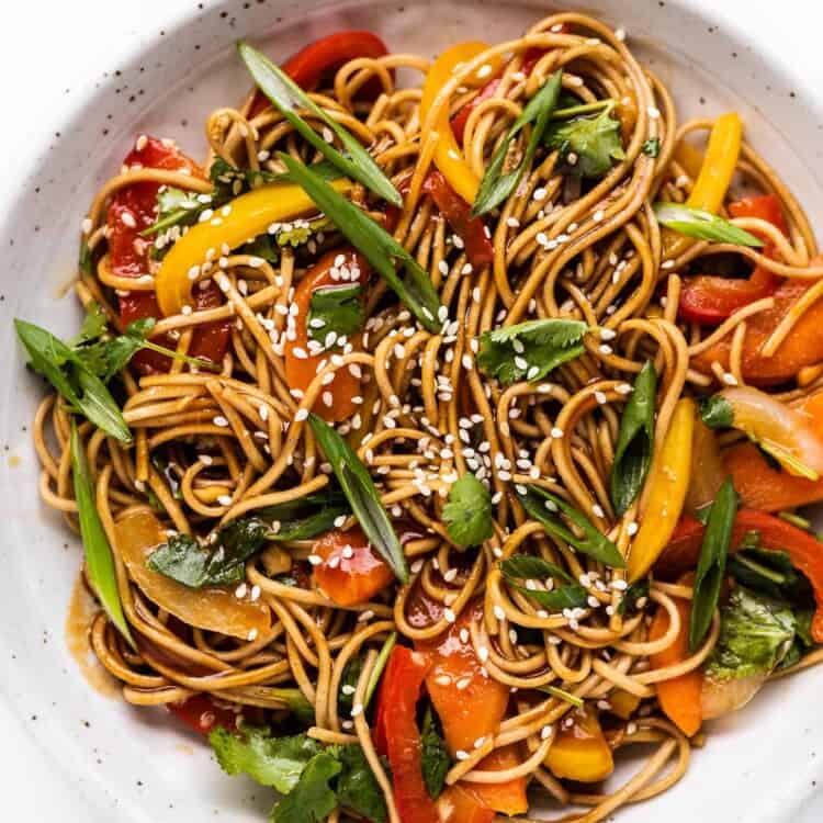 a bowl of Soy Ginger Noodles with stir fried veggies