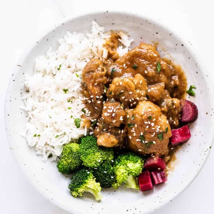 Honey Rhubarb Chicken on plate with rice and broccoli