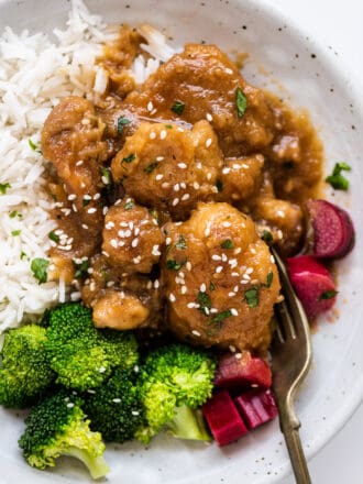 Honey Rhubarb Chicken on a plate with rice and broccoli