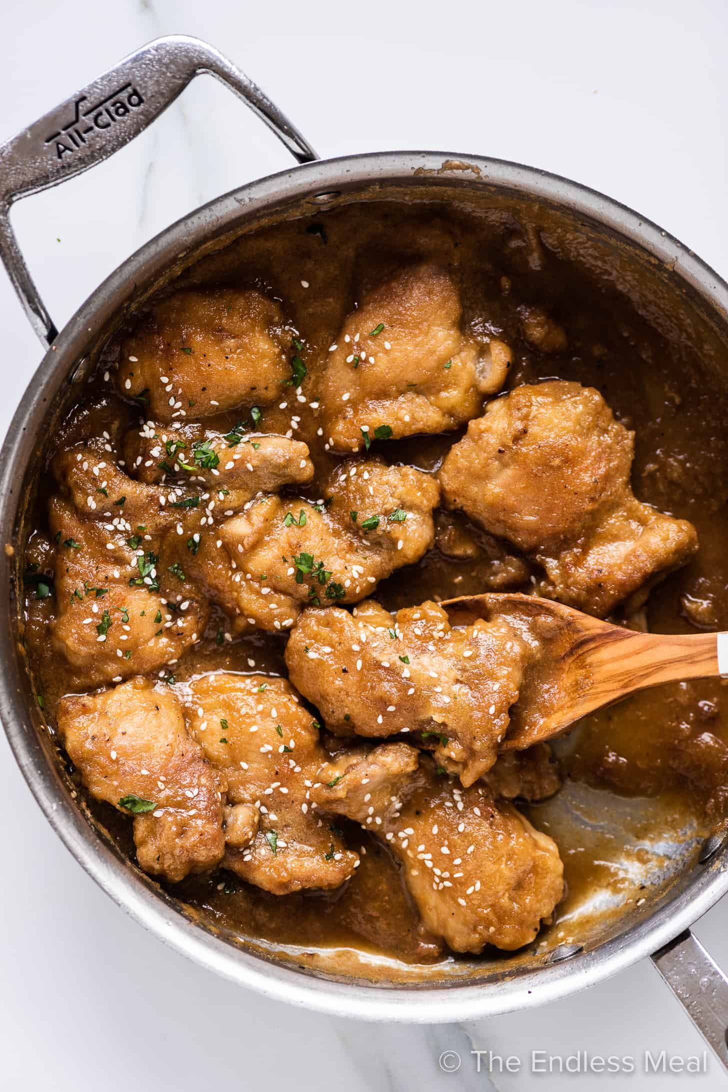 Saucy Honey Rhubarb Chicken in a pan. 