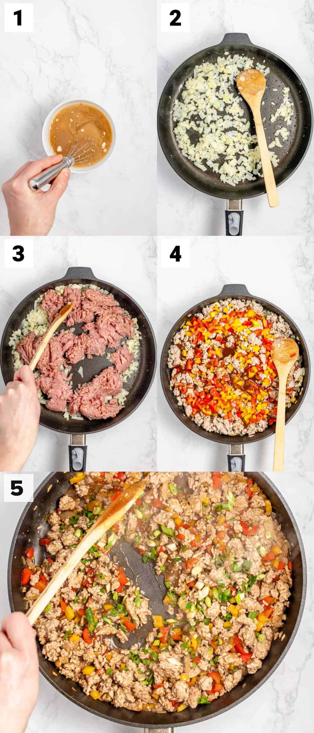 five pictures showing how to make ground turkey stir fry