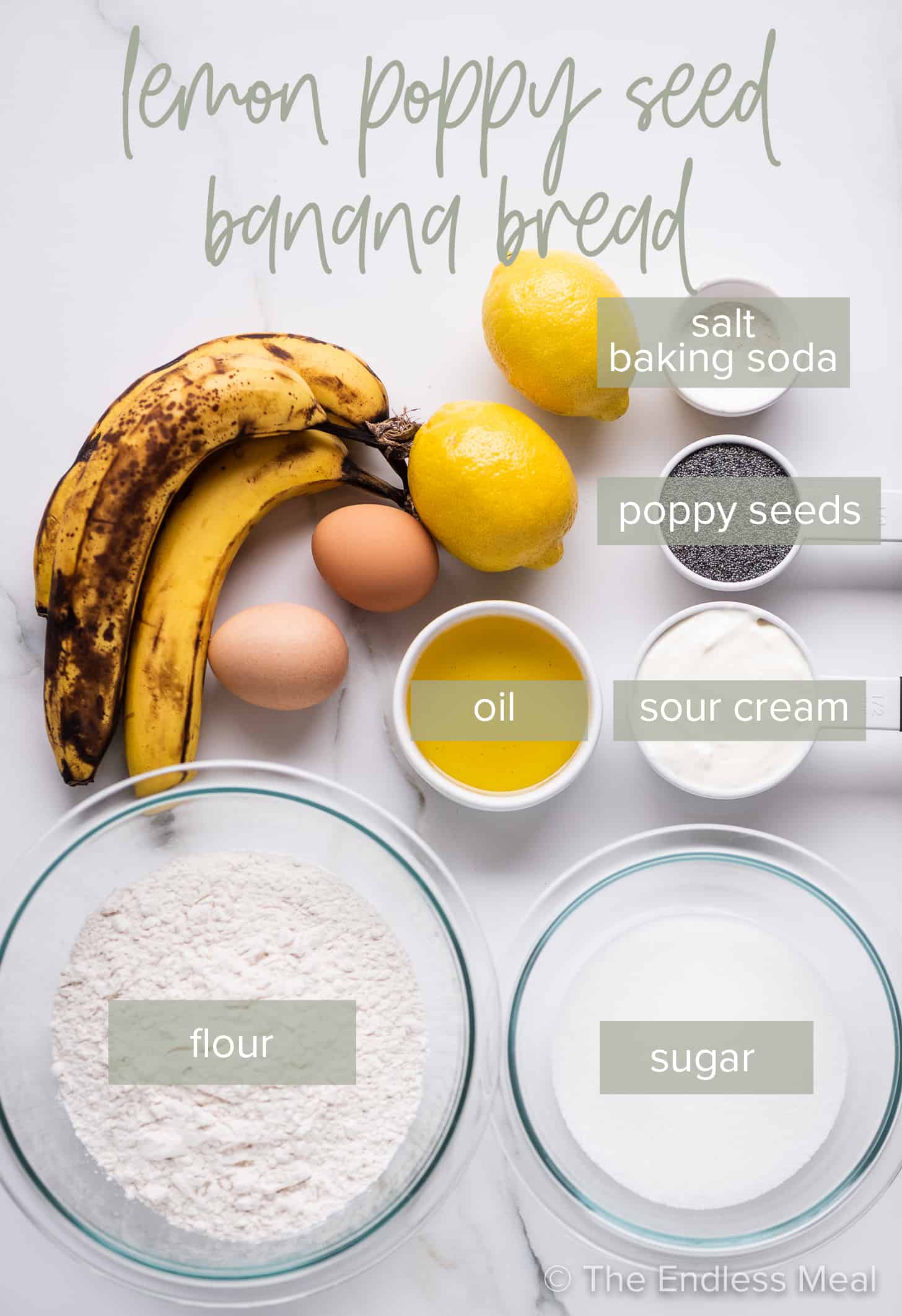 the ingredients needed to make Poppy Seed Lemon Banana Bread