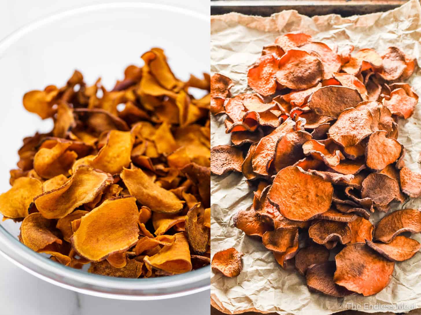 2 pictures showing 2 ways to make sweet potato chip nachos