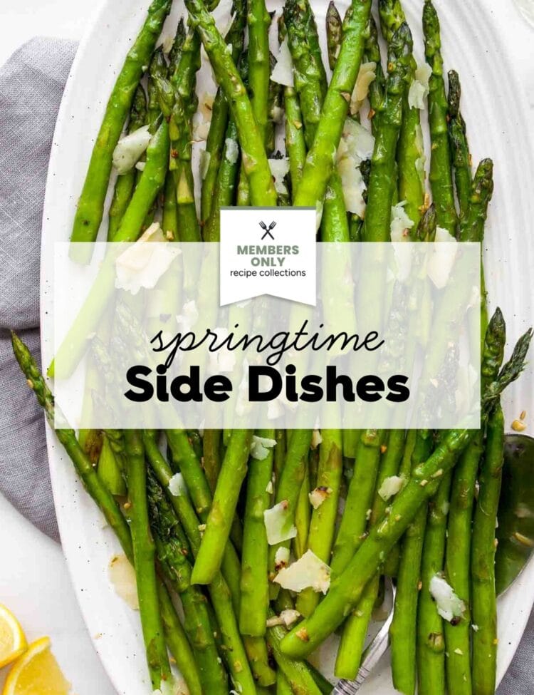 A white platter of cooked asparagus spears garnished with shaved parmesan, with lemon wedges on the side. Text overlay reads Spring Side Dishes, perfect for celebrating fresh flavors this season.