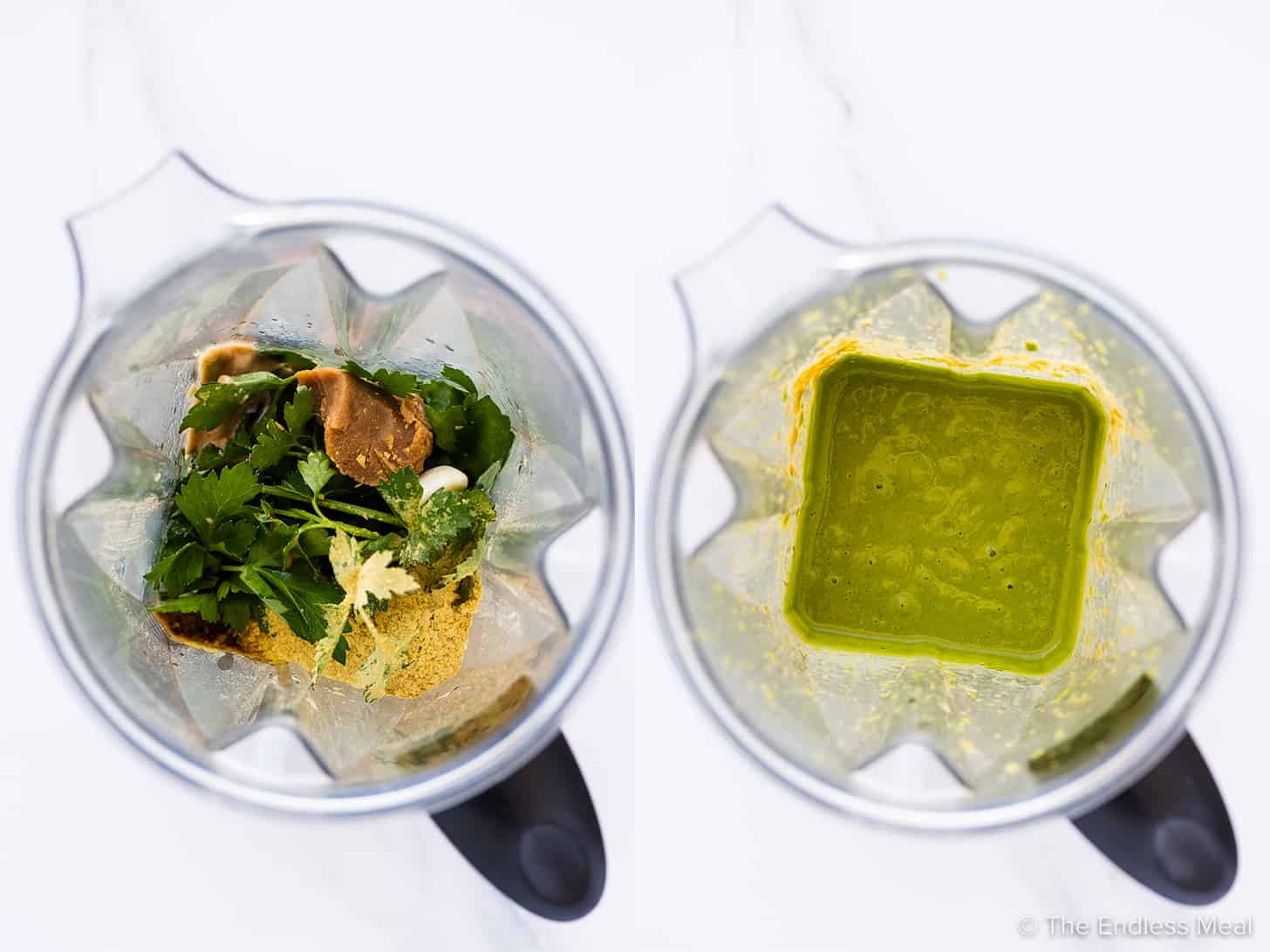 two pictures showing up to make green goddess dressing