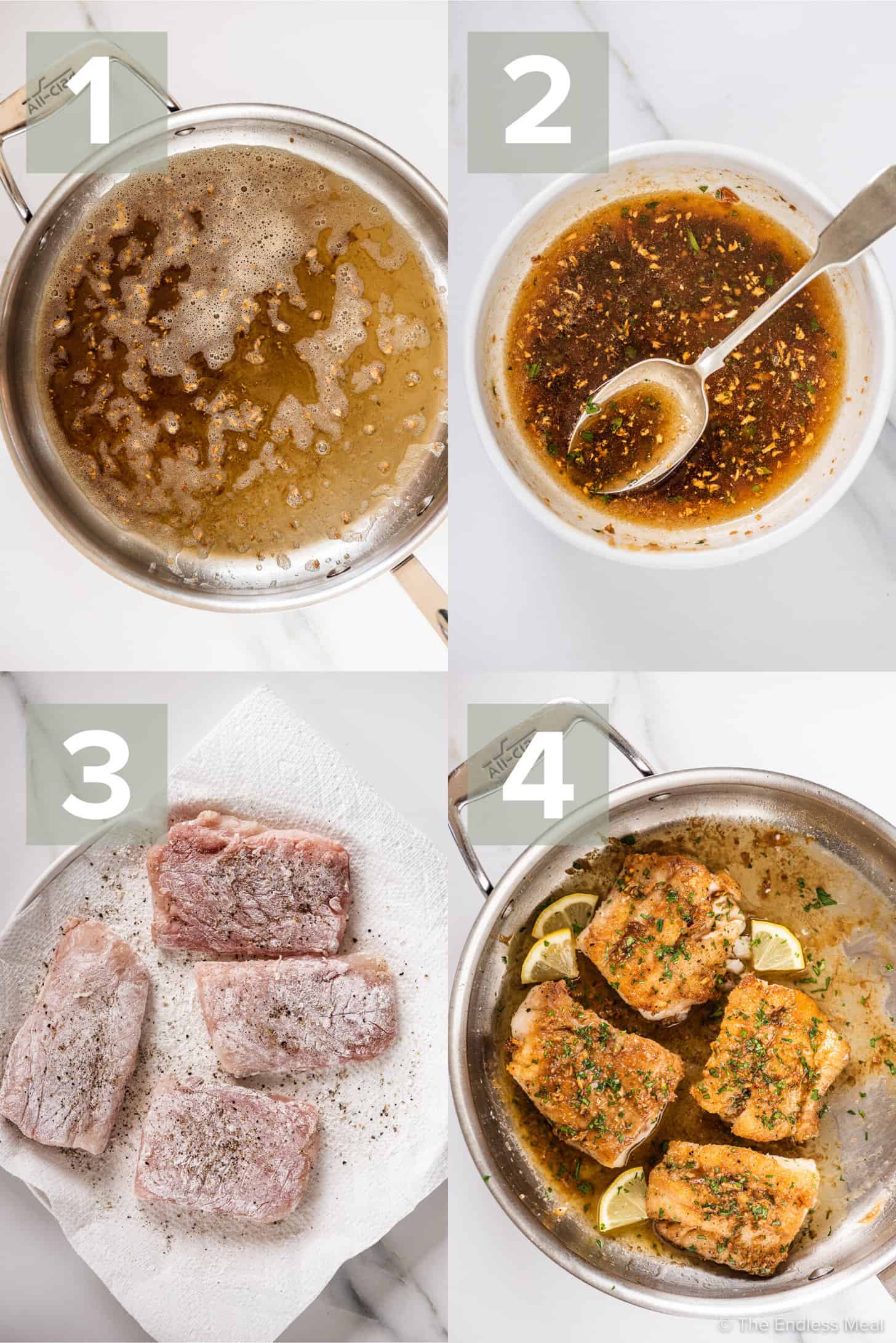 4 pictures showing how to make this seared lingcod recipe