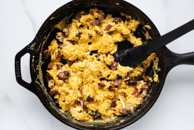 Chorizo Scrambled Eggs with Cilantro Pesto - The Endless Meal®