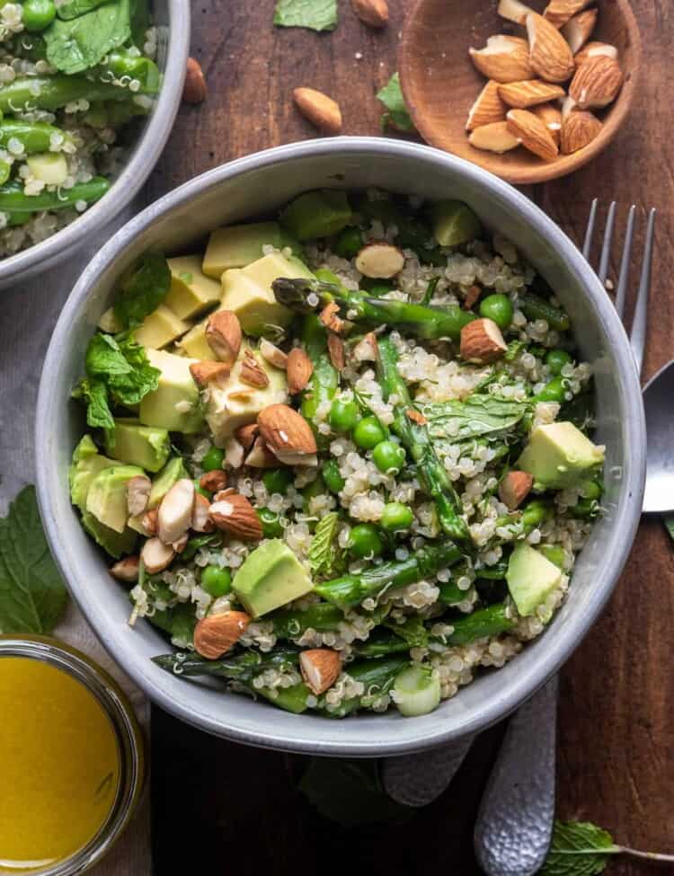 spring quinoa salad in a serving bowl