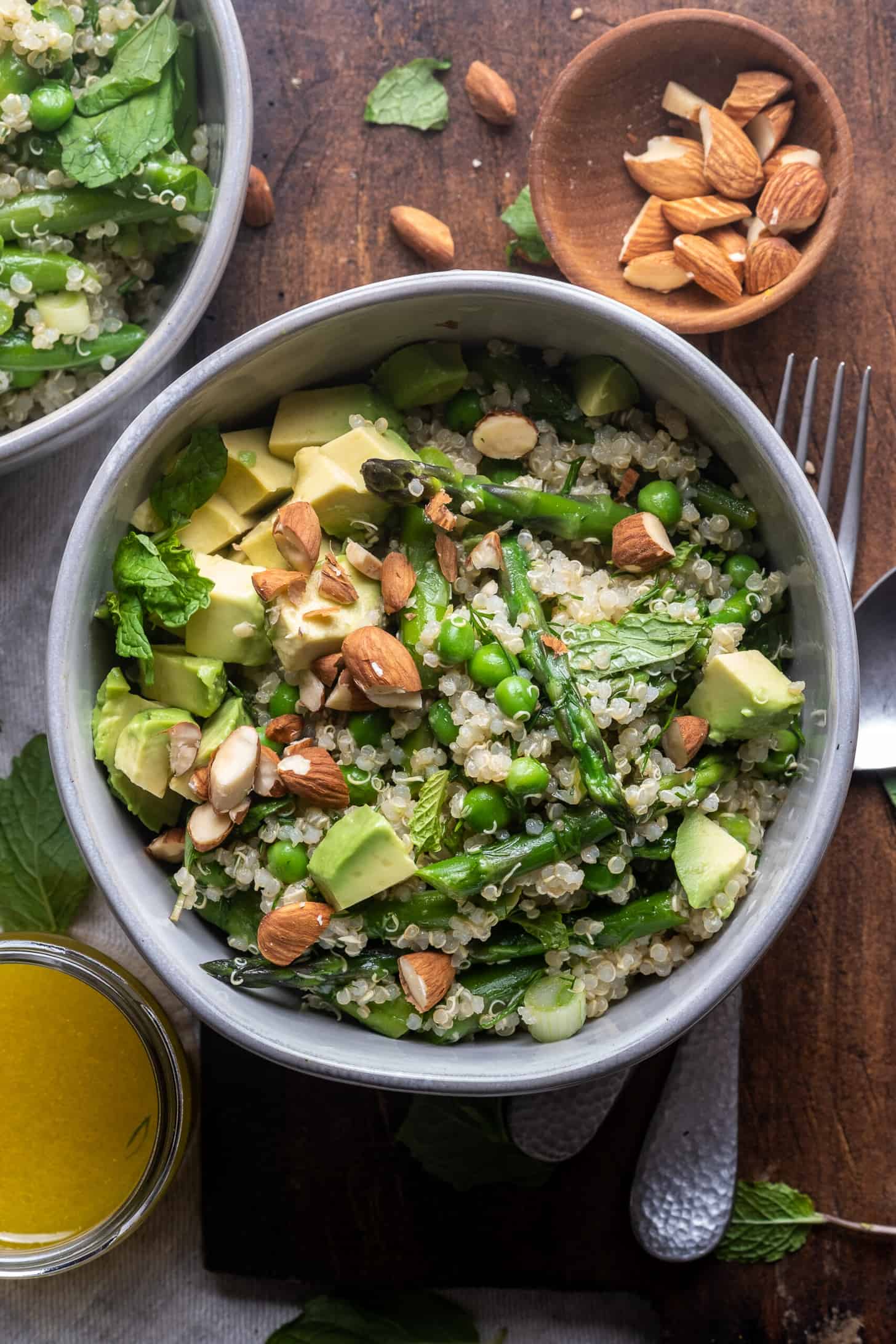 spring quinoa salad in a serving bowl