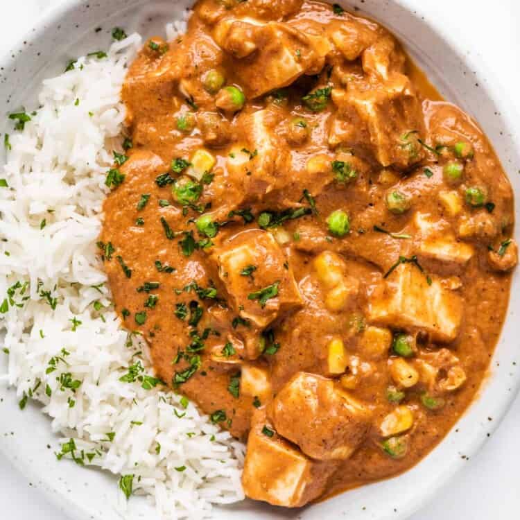 Vegan Butter Chicken and rice in a bowl