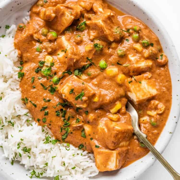 Vegan Butter Chicken and rice on a plate