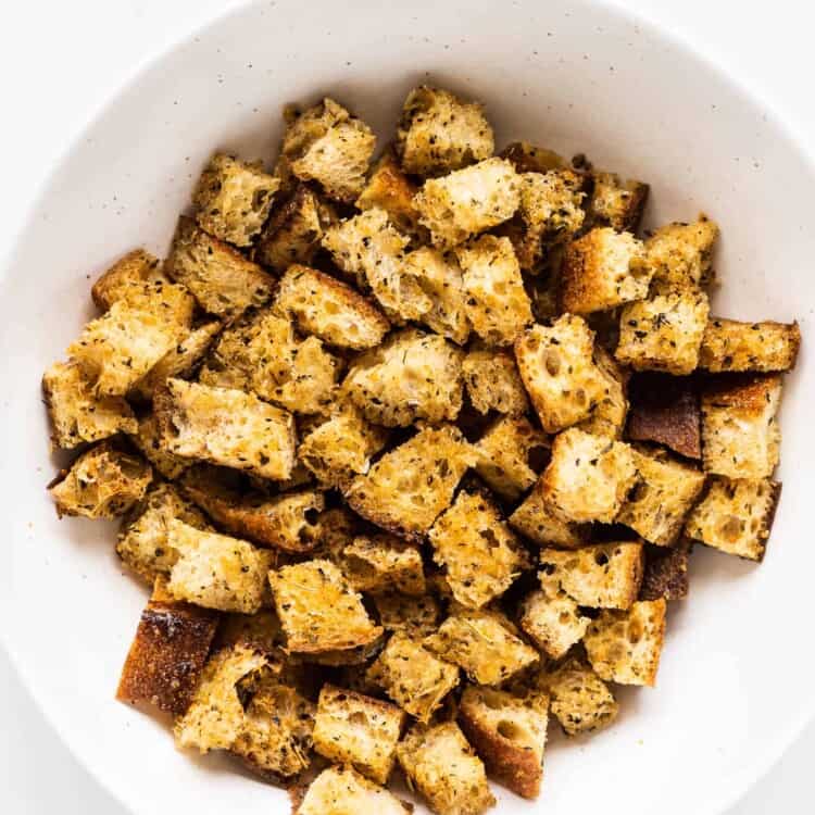 Bacon Croutons in a white bowl