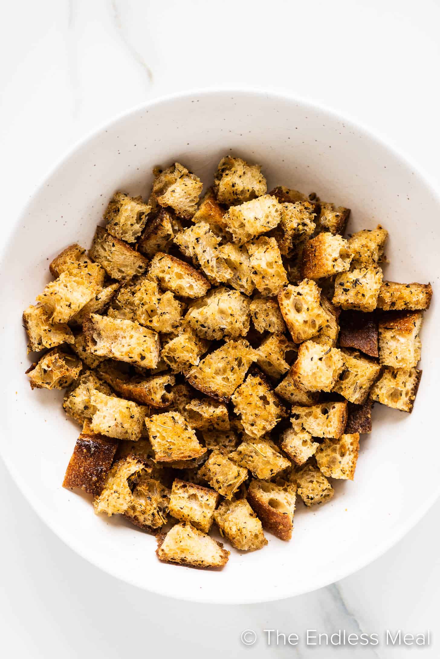 Bacon Croutons in a white bowl