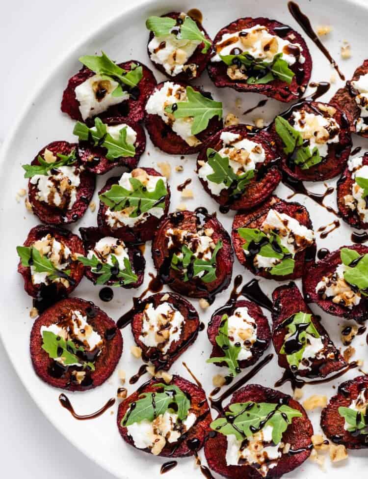 easy beet and goat cheese appetizer on a serving plate