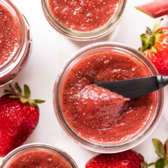 Strawberry Rhubarb Chia Jam in jars